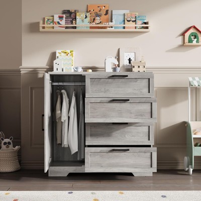 43.3" Farmhouse Wood Armoire Wardrobe -  4 Drawers Dresser with Storage Closet & Hanging Rod, Storage Closet for Bedroom Organization