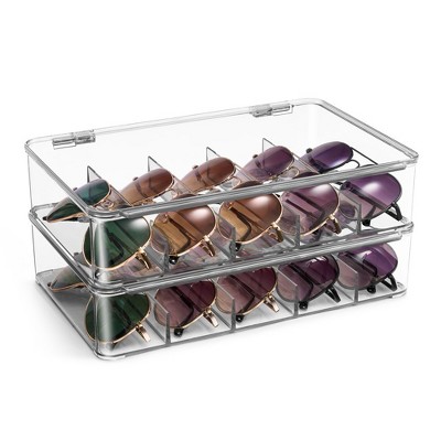 Sorbus Clear Stackable Plastic Sunglass Holder with Hinged Lid for Eyewear Display Includes 5 Sections