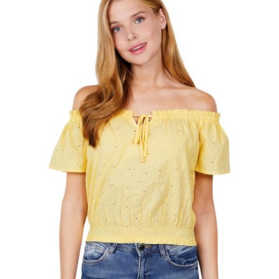 Slickblue Lemon Yellow Off The Shoulder Woven Top – Smocked Hem, Eyelet Lace, Short Sleeves, Cotton Fabric, Sizes S-L