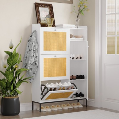 Acekool 3-Tier Shoe Cabinet with Natural Rattan Flip Drawers, Adjustable Shelves & Open Storage, Entryway Organizer in Multiple Finish