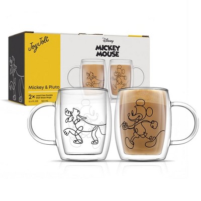 JoyJolt Disney Mickey and Pluto Glass Mugs - Set of 2 Double Wall Tea Glass Coffee Cups - 5.4 oz