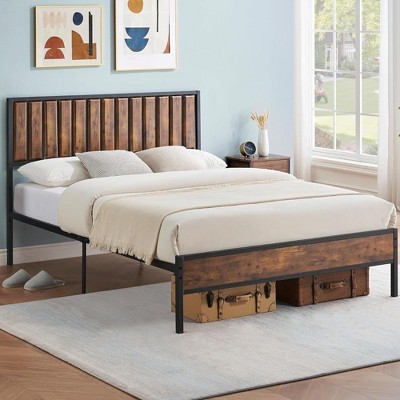 Rustic Brown Metal Platform Bed Frame with Heavy Duty Steel Slats, No Box Spring Needed, Under Bed Storage, and Wood Headboard