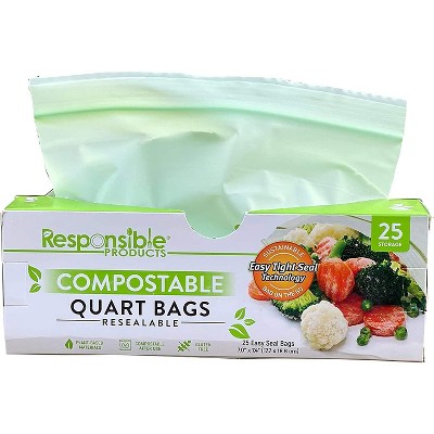 Responsible Products Resealable Quart Size Zip Food Storage Bags Compostable - Box of 25