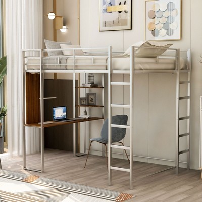 Full Size Metal Loft Bed with 2 Shelves and one Desk - ModernLuxe