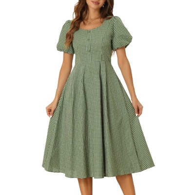 Allegra K Women's Plaid Summer Pleated Back Button Decor Puff Sleeve Maxi Dress