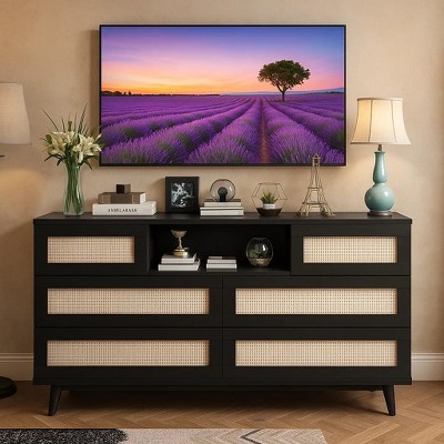 6 Drawer Dresser for Bedroom, Modern Farmhouse Wood Closet Dresser, Compact Chest of Drawers with LED Light and Charging Station