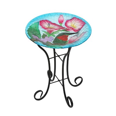 LuxenHome Hummingbird Floral Glass Birdbath with Metal Stand Multicolored