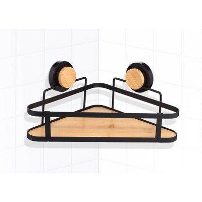 Popular Bath Popular Home Corner Shelf with Suction Metal and Bamboo Black