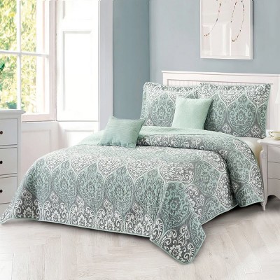 Evo Bytes 5-Piece Bedding Quilt Set – Printed Microfiber Lightweight Bedding with Quilts, Pillow Shams & Decorative Pillows-Oversize King
