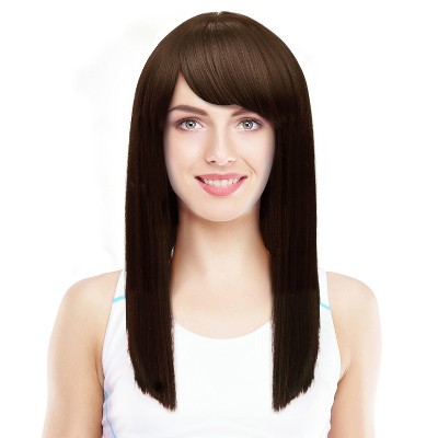 Silky Straight Wig with Bangs Natural Looking Medium Length Blunt Cut Synthetic Full Hair Wig for Women
