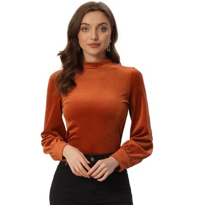 Allegra K Women's Velvet Crew Neck Puff Long Sleeve Rib Velour Blouse
