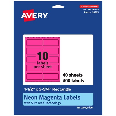Avery Neon Magenta Paper Labels, 1.5" x 3.75" Rectangle