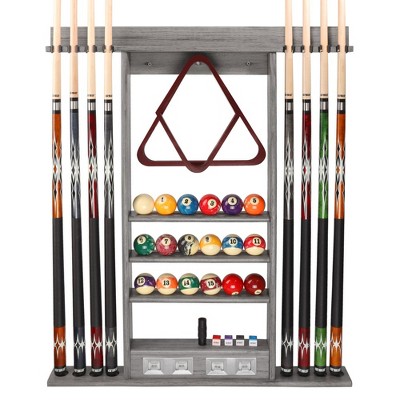 GSE Wooden Wall-Mounted Pool Cue Rack with Score Counter – Holds 8 Cues, Ball Rack, and Full Pool Ball Set