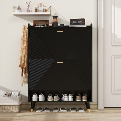 TIRAMISUBEST 2-Drawer Flip Shoe Cabinet - Black Freestanding Slim Shoe Organizer with Shelf for Entryway & Hallway, Holds 24 Pairs