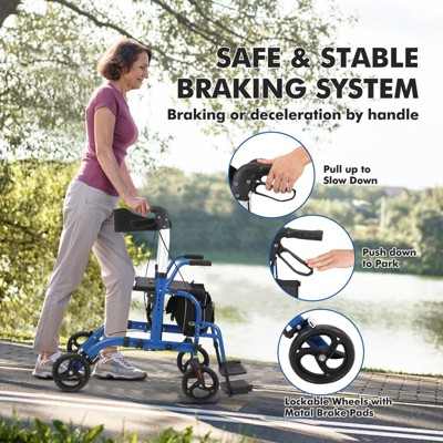Walker Wheelchair Combo, Foldable Aluminum Rollator with Footrests, Transport Wheelchair and Rollator Walker Combo Lightweight