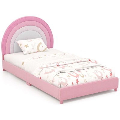 Tangkula Kids Twin Platform Bed Frame Upholstered Twin Size Bed w/ Wooden Slats Support