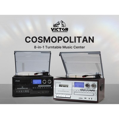 VICTOR Cosmopolitan 8-in-1 Turntable Music Center with 3-Speed Record Player, CD/MP3/Cassette Player, AM/FM Radio, Dual Bluetooth In & Out, USB