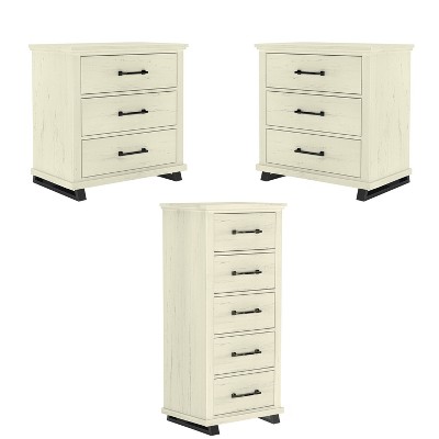 Festivo 3pc Contemporary 24" 5 Drawer Chest and 3 Drawer Nightstand Set Saw Cut Off-White: MDF, Metal Legs, Anti-Tip