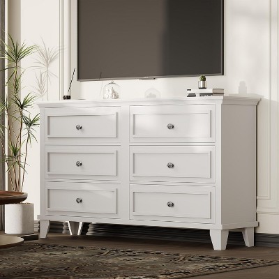 Farmhouse White 6-Drawer Double Dresser with Vintage Handle - Wood Storage Chest for Bedroom, Living Room, Hallway or TV Stand