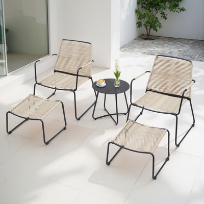 5 Piece Rope Patio Furniture Set, All-Weather Conversation Sets for Backyard with Handwoven Armchairs, Ottomans, Round Coffee Table, Beige