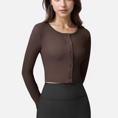 Anna-Kaci Active Women's Cropped Button-Front Long Sleeve Top with Thumbholes