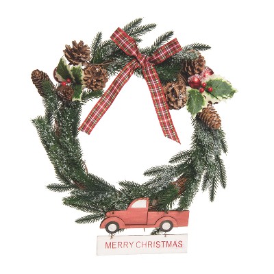 Transpac 17.72 in Multicolor Christmas Truck and Checkered Ribbon Wreath Perfect for Holiday Decor