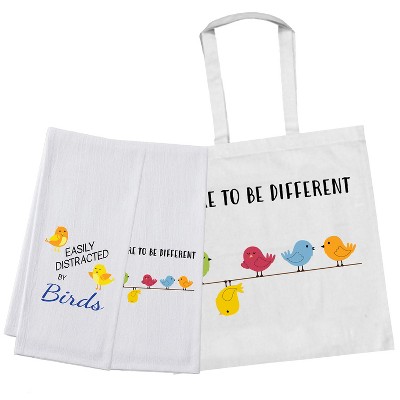 Bird Lover's Gift Set – Tote Bag & 2 Kitchen Flour Sack Towels | 'Dare to Be Different' & 'Easily Distracted by Birds' Designs