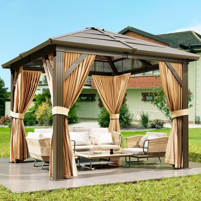 Hardtop Gazebo, Outdoor Polycarbonate Roof Canopy, Heavy Duty Hardtop Pavilion with Netting and Curtains