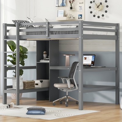 Wood Full Size Loft Bed with Desk, High Loft Bed Frame with Storage Shelves