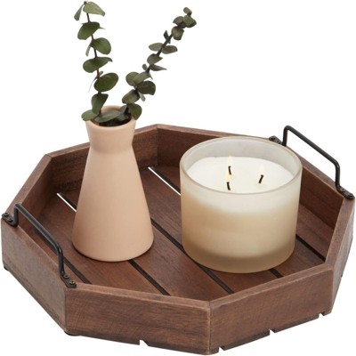BRINJOY Rustic Octagonal Wooden Tray - 11.8x11.8x2.8 Inch Dark Brown Farmhouse Centerpiece with Handles for Coffee Table Deco
