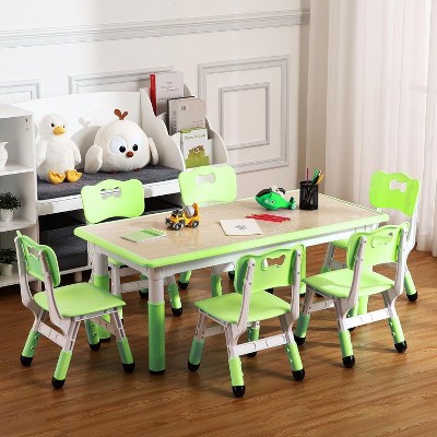 Kids Table and Chairs Set, Toddler Height Adjustable Desk with Graffiti Desktop, 6 Seats