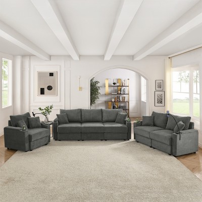 6-Seat Corduroy Deep Seat Sofa Set with Storage, Cup Holders & Phone Pockets, 22.5" Spacious Seating and Solid Wood Base