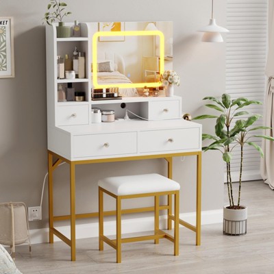 Vanity Desk with Mirror, 3 Adjustable Lighting Mode Makeup Vanity, Modern Dressing Table and Stool with Charging Station