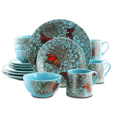 Elama 16 Piece Stoneware Dinnerware Set in Blue and Orange