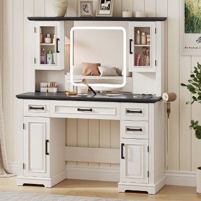 Vanity Desk with Mirror, Lights & Charging Station, 45" Bedroom Table, 3 Lighting Modes