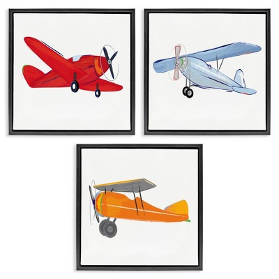 Stupell Industries Triple Colorful Airplanes Drawing Black Framed Floater Canvas Wall Art