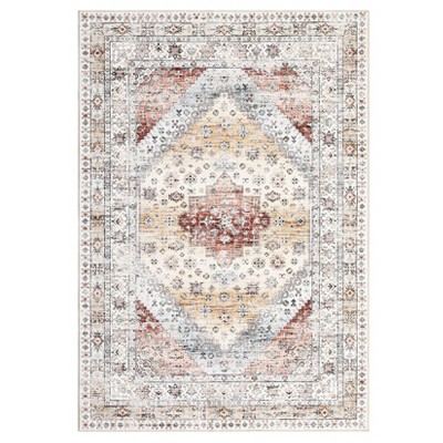 Machine Washable Floral Medallion Living Room Rugs, Indoor Vintage Distressed Bedroom Carpet, Non Slip Low Pile Floor Cover for Dining Room