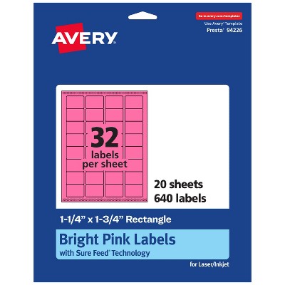 Avery Bright Pink Paper Labels, 1.25" x 1.75" Rectangle