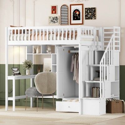 TIRAMISUBEST Twin Size Loft Bed with Desk & Bookshelf, Bed Frame with Storage Staircase, A Drawer under the Wardrobe