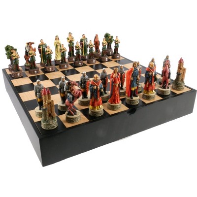WorldWise Imports Chess Set -Robin Hood Resin Chessmen on Black/Maple Chest