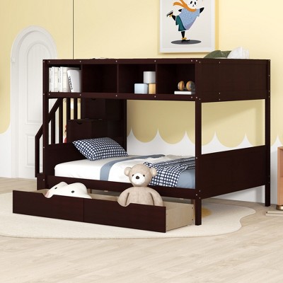 TiramisuBest Twin over Full Bunk Bed with Storage Staircase, 2 Drawers & Shelves, Solid Pine Wood Frame, White