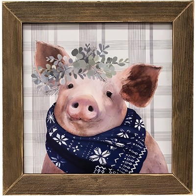 Slickblue Yuletide Scrapple Pig Print with Flower Crown and Winter Scarf – Gray Plaid Background, Natural Wood Frame