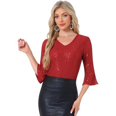 INSPIRE CHIC Women's Sequin 3/4 Bell Sleeve V Neck Metallic Sparkly Glitter Party Blouse