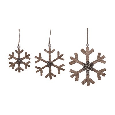 Transpac Natural Fiber Brown Christmas Straw Woven Snowflake Decor Set of 3 Tree Ornaments for Holiday Decor