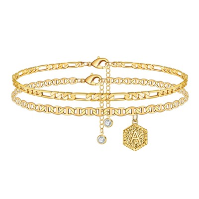 Turandoss Initial Ankle Bracelets for Women, 14K Gold Plated Double Layered Initial Anklets Jewelry for Women