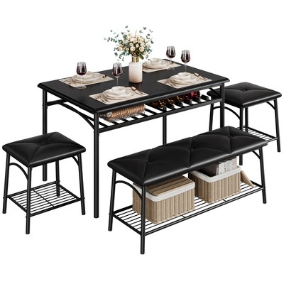 CuisinSmart Dining Room Table Set for 4, with Upholstered Bench and 2 Square Stools, with Storage Shelves, Dining Furniture Set for Small Space