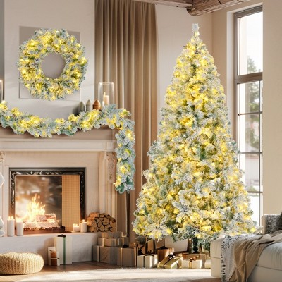 Whisen 3-Piece Pre-Lit Fir Artificial Christmas Tree Set with 6ft Tree, 9ft Garland, 20" Wreath, Mixed LED Lights, Hinged Branches - Green