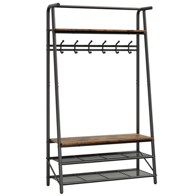 4-in-1 Entryway Hall Tree with Coat Rack, Shoe Bench & Hooks, Industrial Metal Frame Organizer