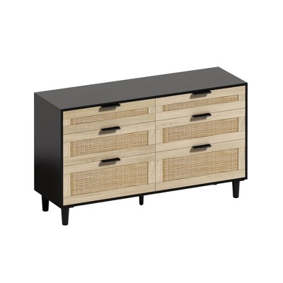 SEVOBAL Dressers 6 Drawer Rattan Dresser with Chic Metal Handles and Wood Legs for Stylish Bedroom Storage, Black, 15.75"*51.18"*29.53"