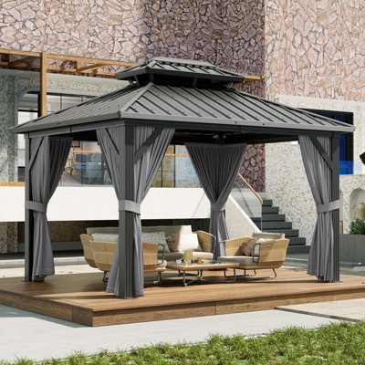 Galvanised Steel Hardtop Gazebo, Heavy Duty Double Roof Outdoor Gazebo with Netting and Sunshade Curtains